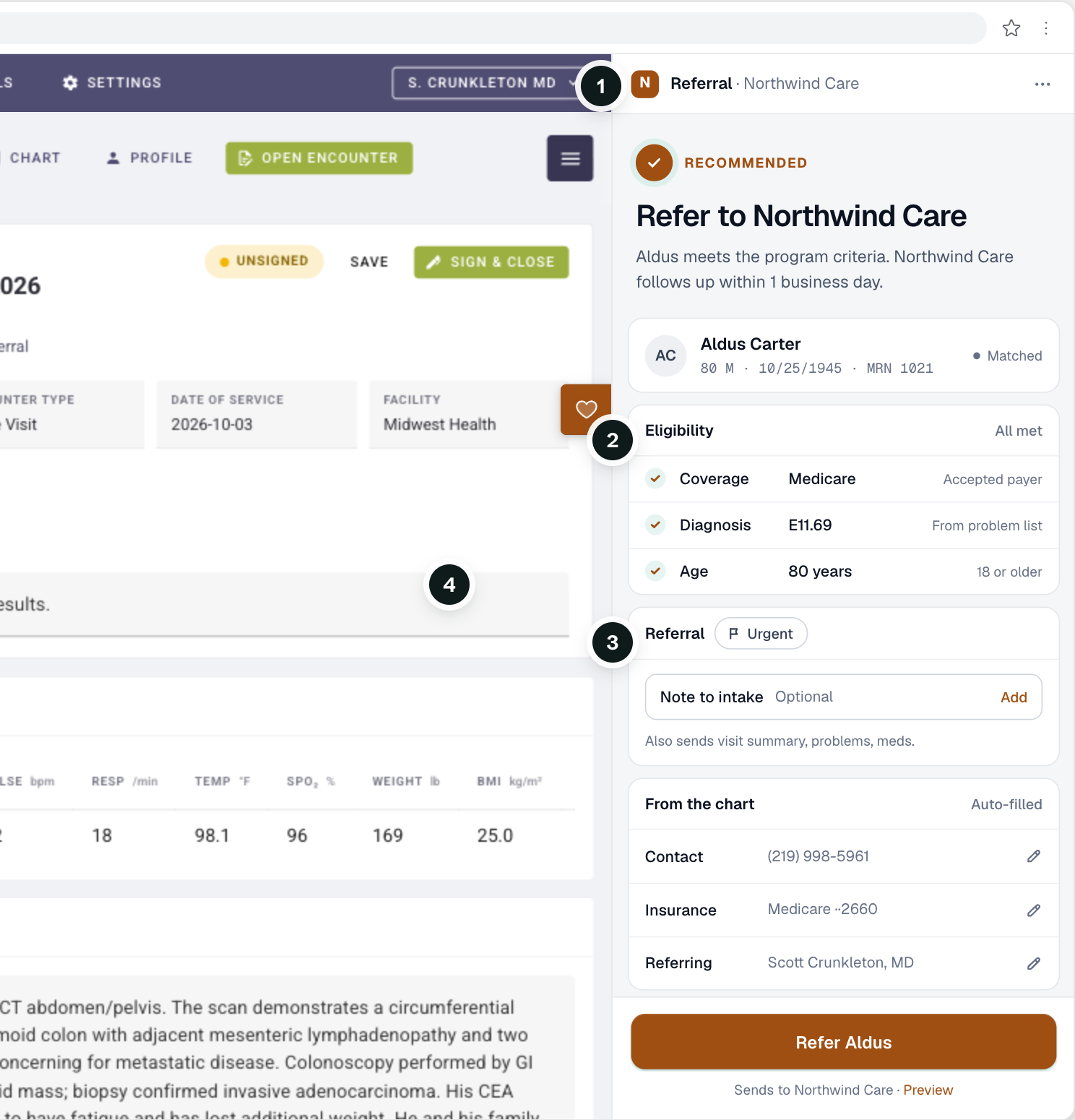A patient chart in an EHR with a sample partner's panel open beside it: Northwind Care, in its own colors, recommending a referral after checking the patient's eligibility.